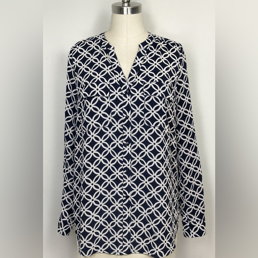 Elementz Women’s XL Navy White Chain Print Button Blouse Elegant Classic Style